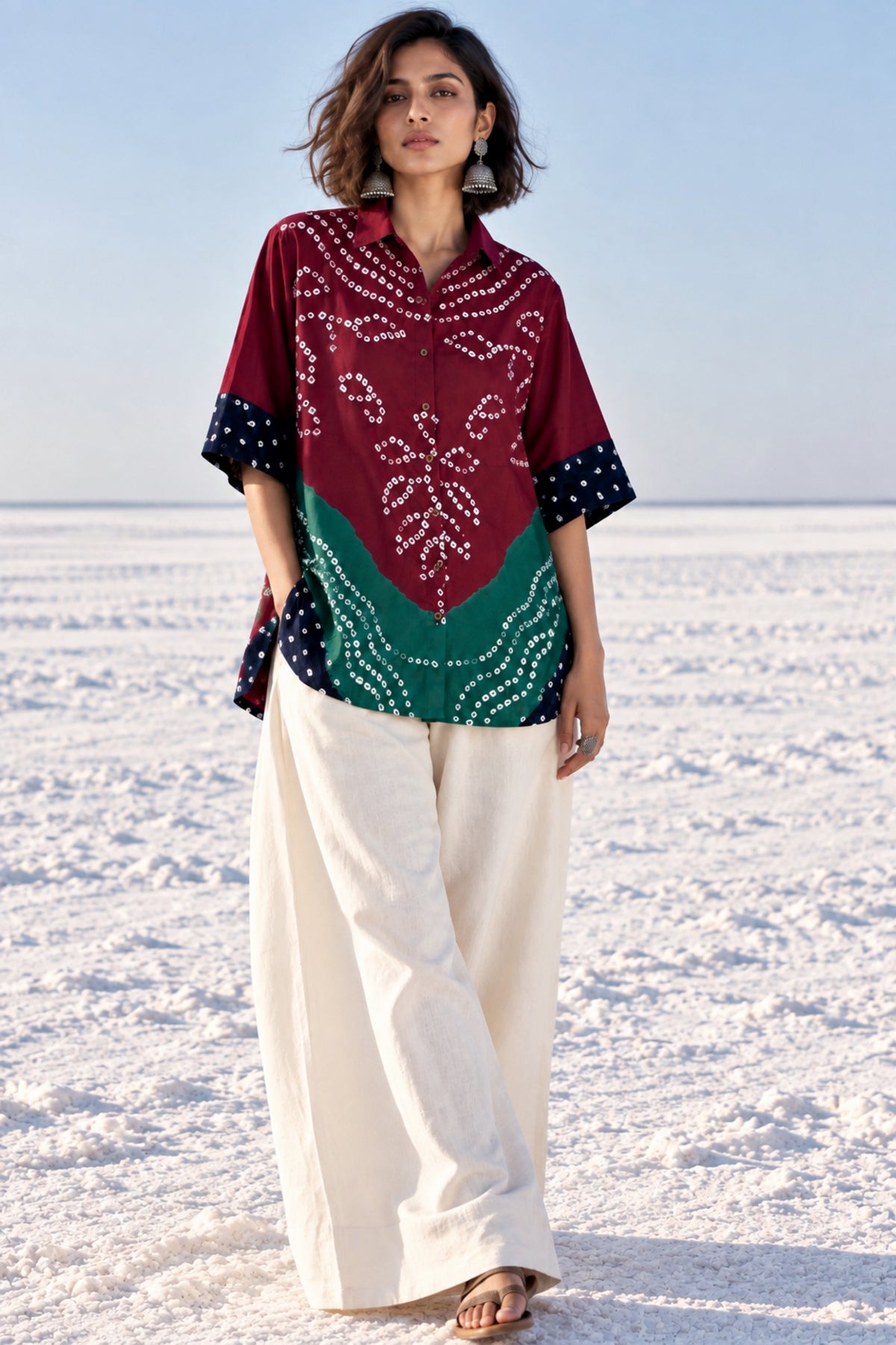 Rangrez three-shade Bandhani cotton satin shirt in deep wine magenta, teal green and midnight navy with ivory motifs
