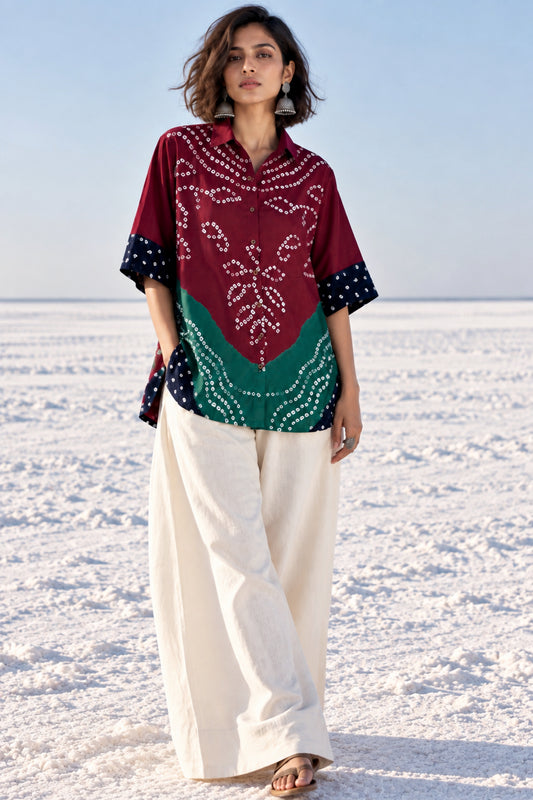 Rangrez three-shade Bandhani cotton satin shirt in deep wine magenta, teal green and midnight navy with ivory motifs