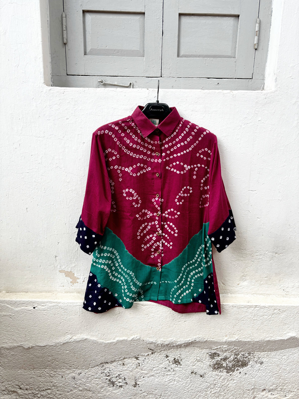Rangrez three-shade Bandhani cotton satin shirt in deep wine magenta, teal green and midnight navy with ivory motifs