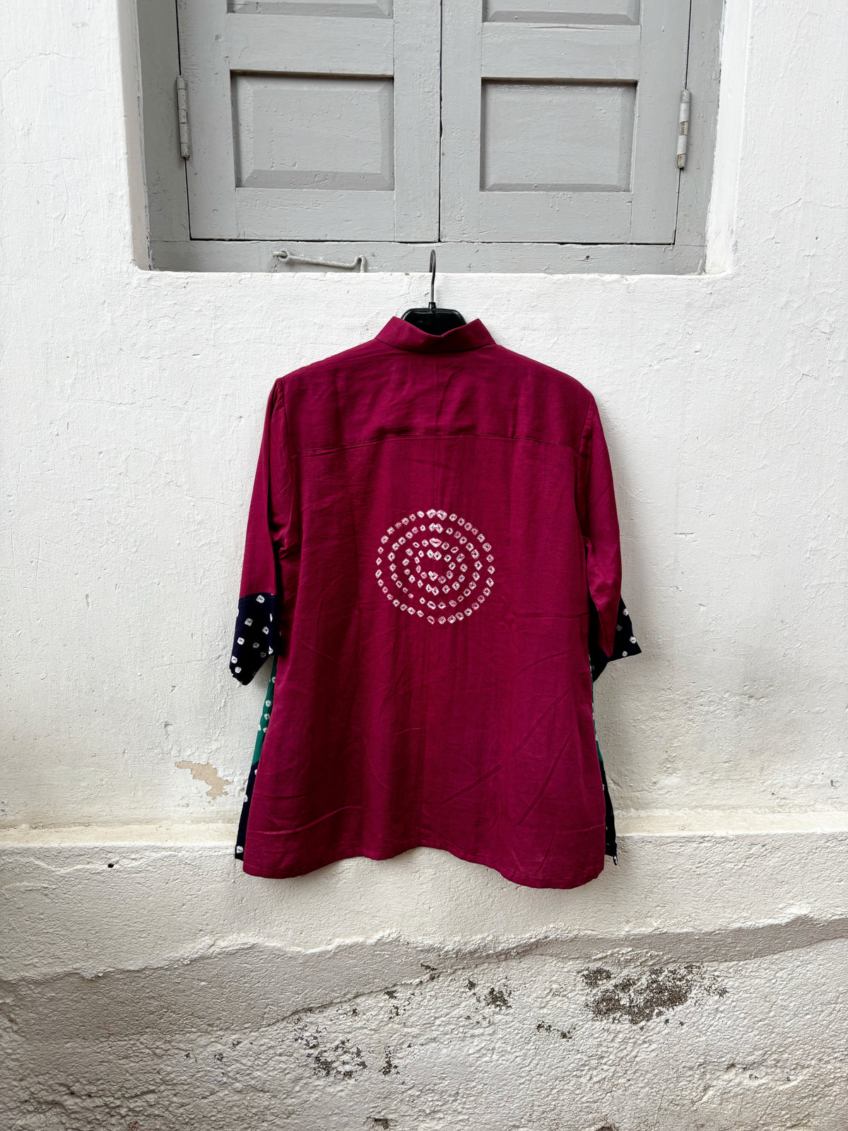 Rangrez three-shade Bandhani cotton satin shirt in deep wine magenta, teal green and midnight navy with ivory motifs