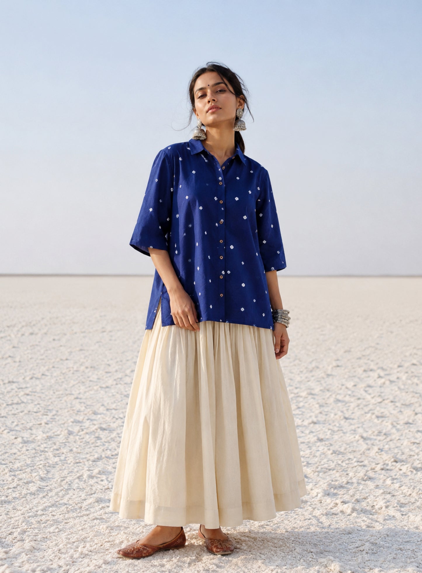 Regal blue hand tie-dyed Bandhani cotton shirt with a classic shirt collar.
