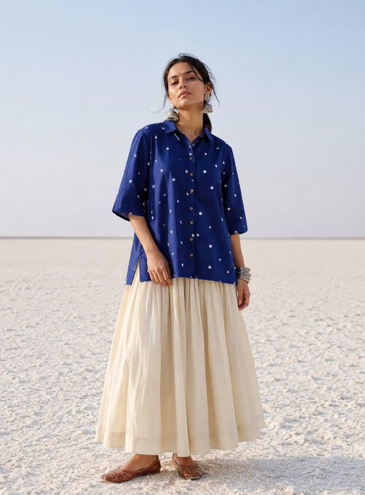 Regal blue hand tie-dyed Bandhani cotton shirt with a classic shirt collar.
