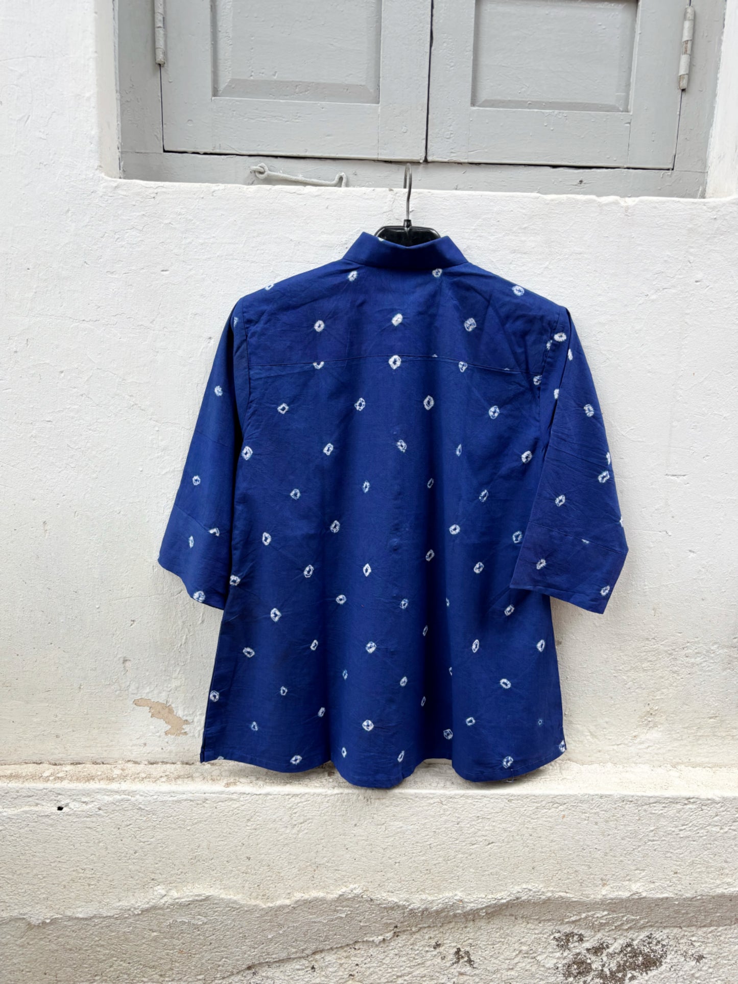 Relaxed fit regal blue Bandhani cotton shirt for everyday wear.