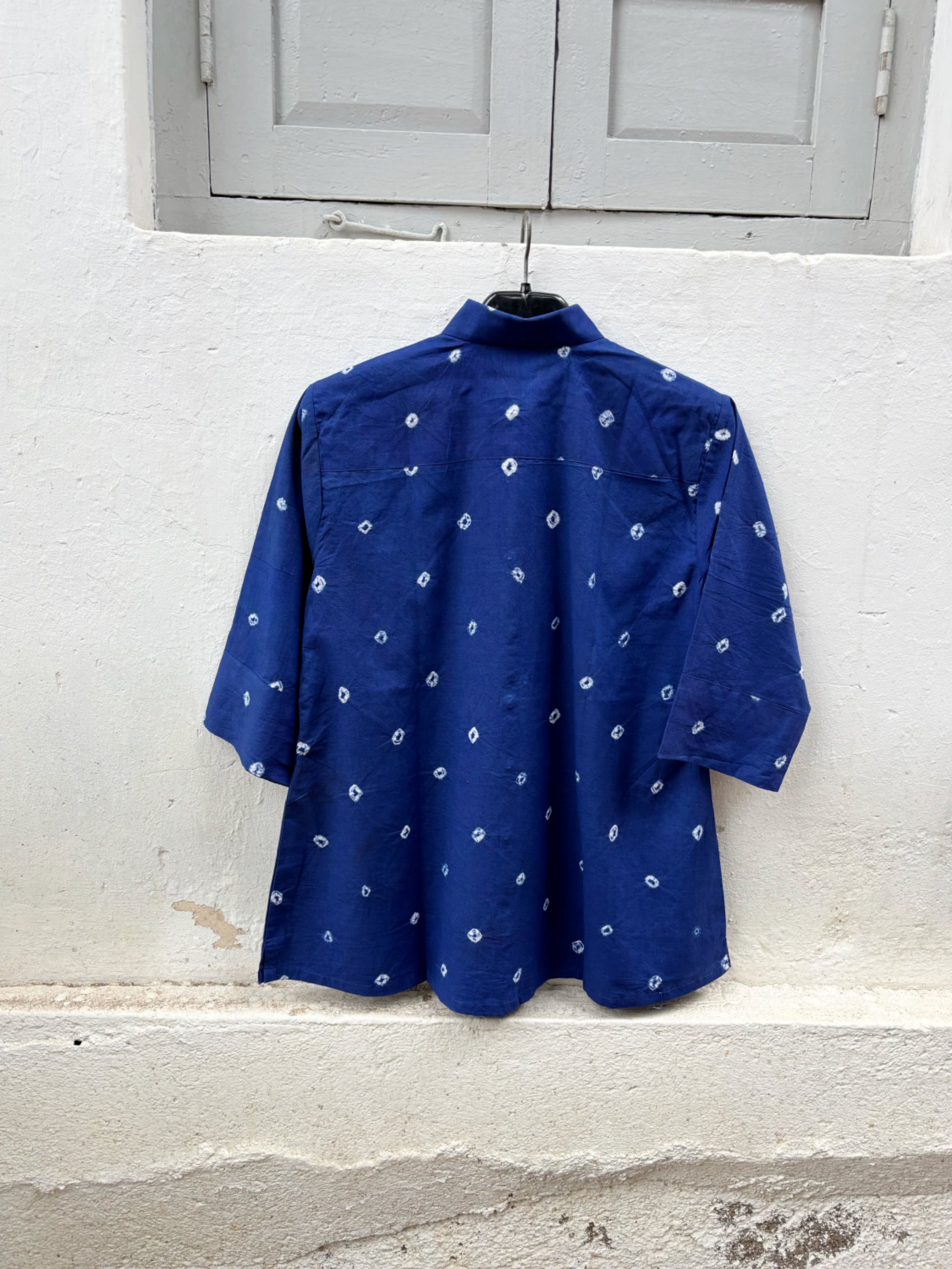 Relaxed fit regal blue Bandhani cotton shirt for everyday wear.