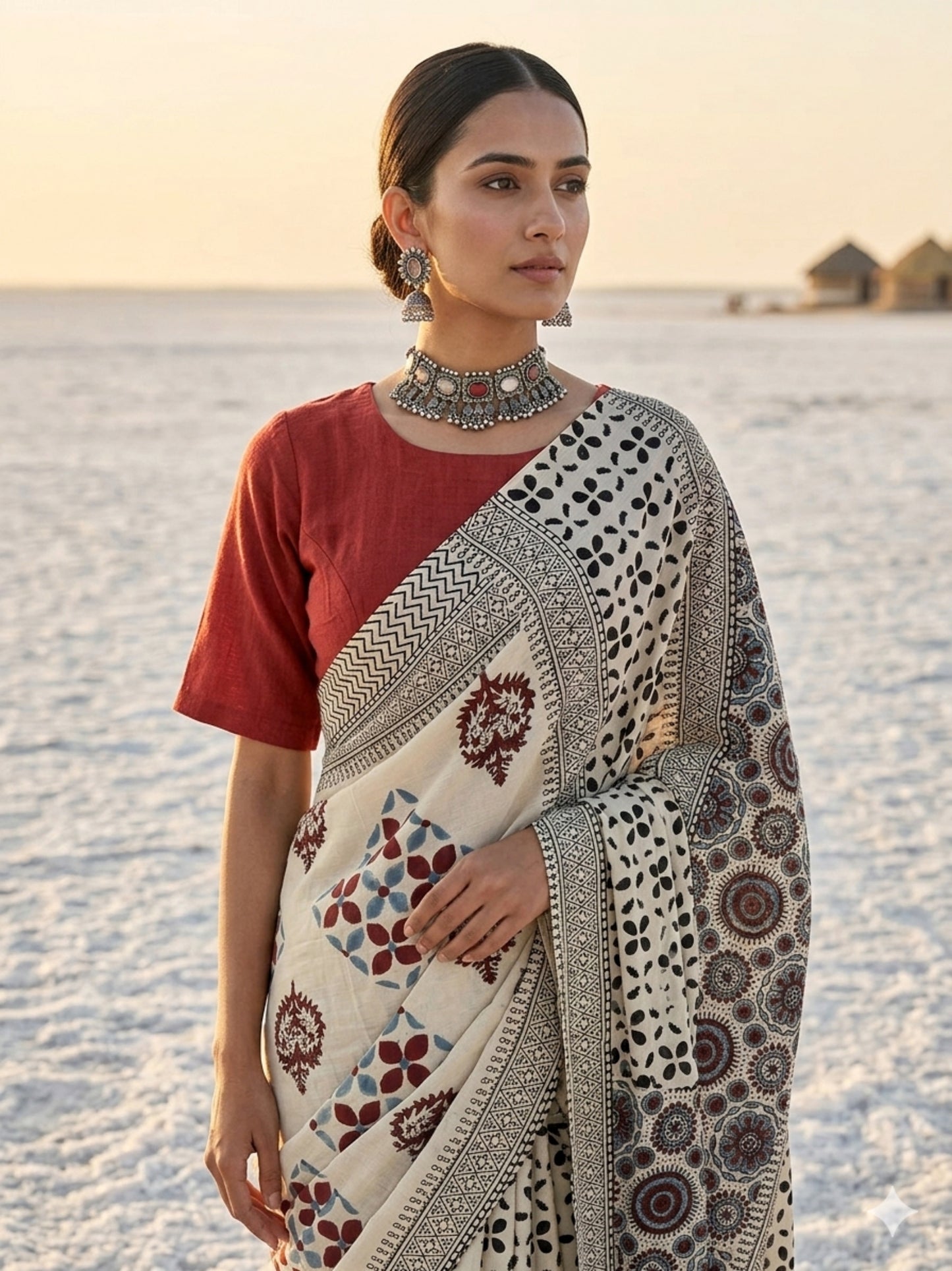 Reva myrobalan dyed Ajrakh hand block printed cotton saree in madder red indigo and black