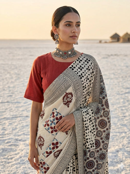 Reva myrobalan dyed Ajrakh hand block printed cotton saree in madder red indigo and black