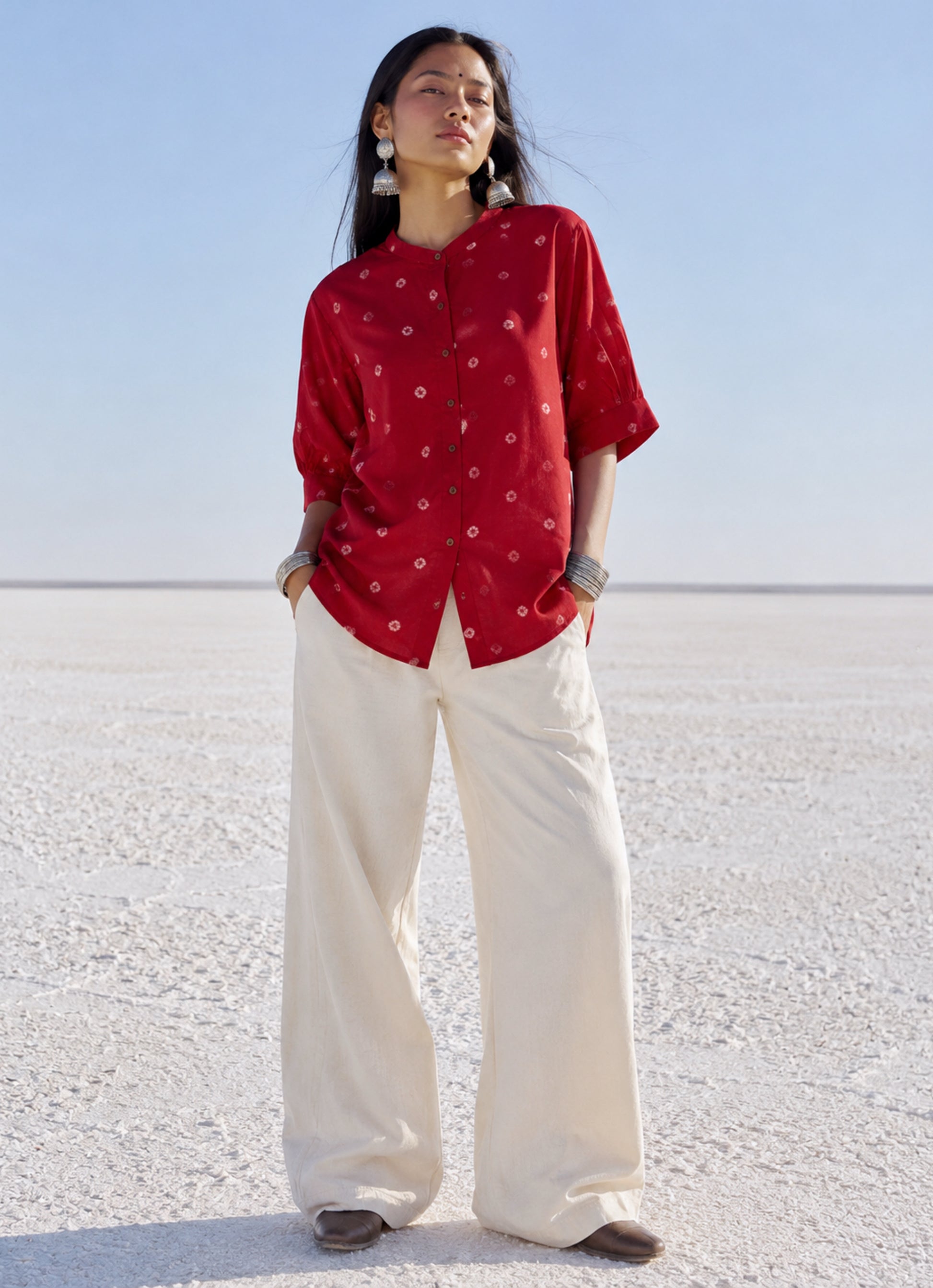 Ruby red hand tie-dyed cotton Bandhani shirt with a soft mandarin collar.