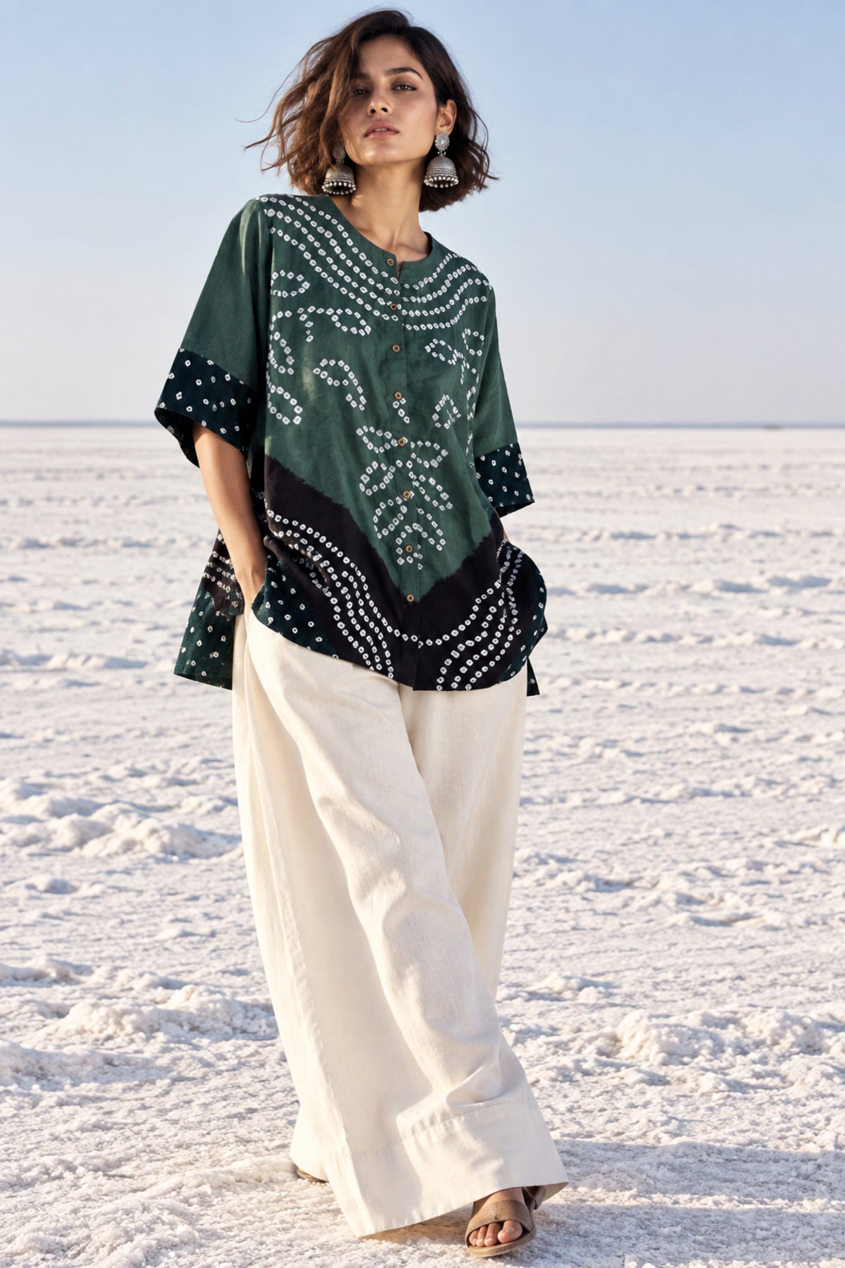 Saavan three-shade Bandhani cotton satin shirt in muted sage green, deep maroon and deep green with ivory motifs