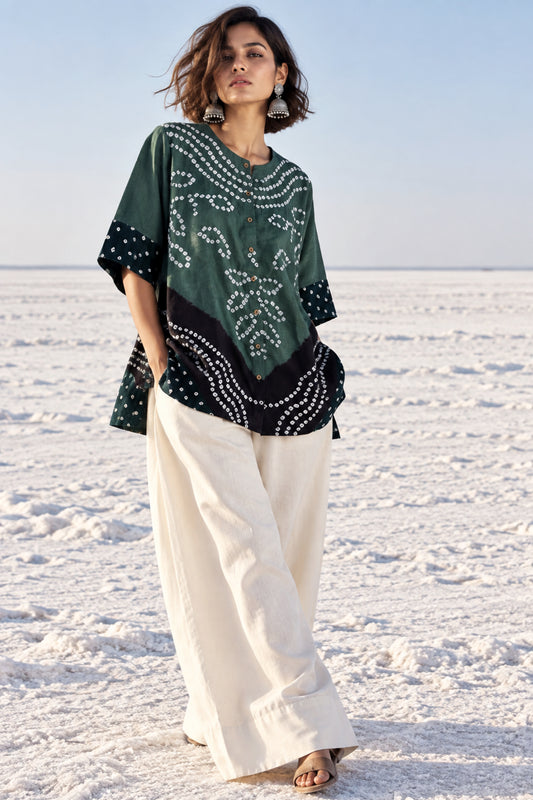 Saavan three-shade Bandhani cotton satin shirt in muted sage green, deep maroon and deep green with ivory motifs