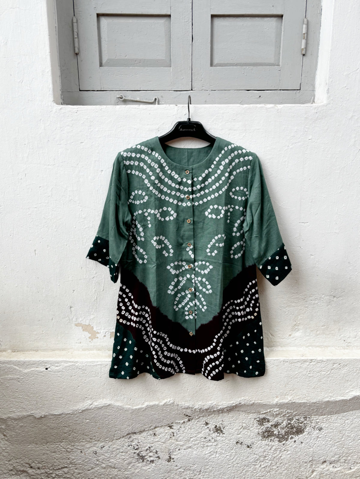 Saavan three-shade Bandhani cotton satin shirt in muted sage green, deep maroon and deep green with ivory motifs