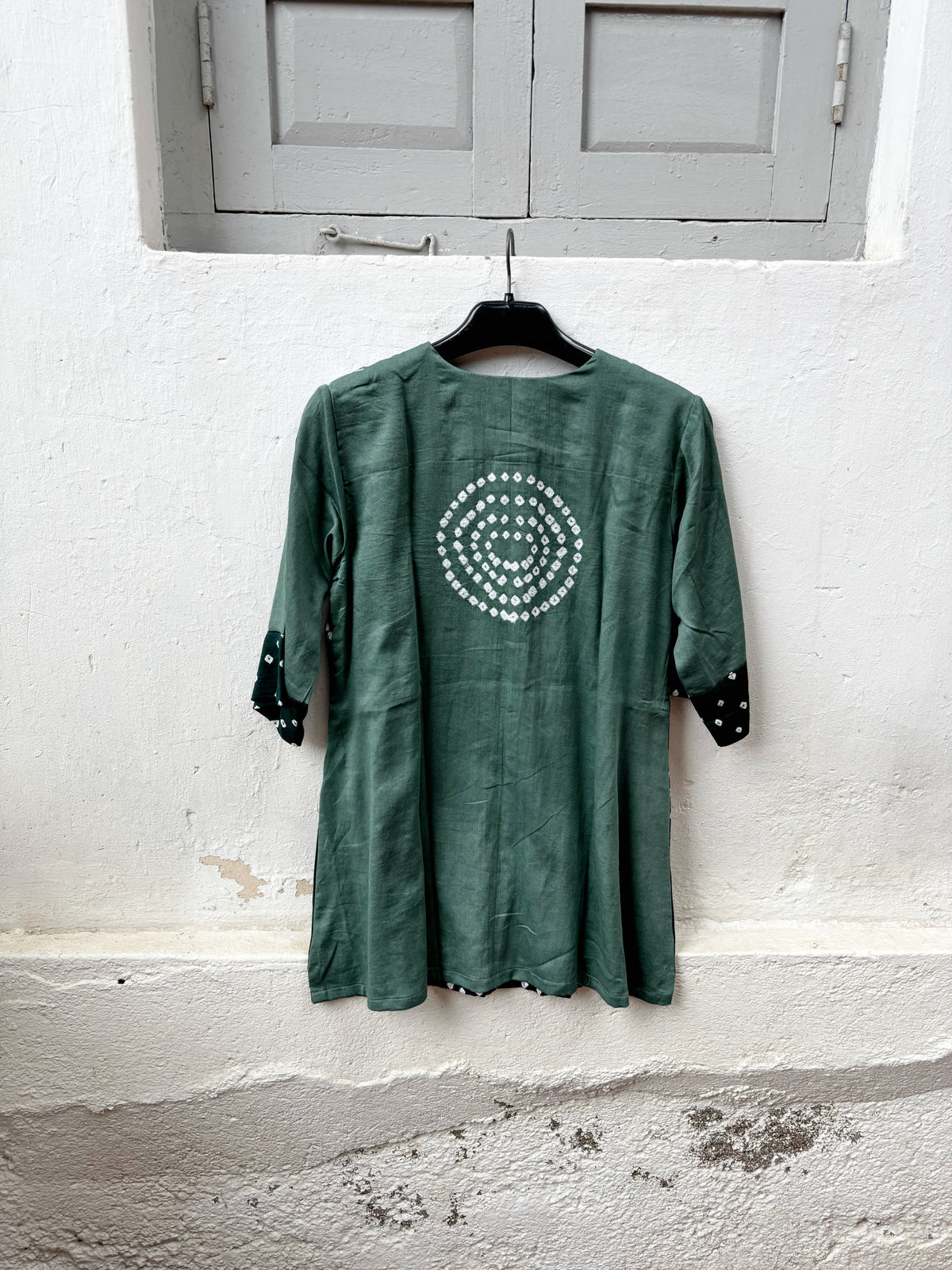 Saavan three-shade Bandhani cotton satin shirt in muted sage green, deep maroon and deep green with ivory motifs