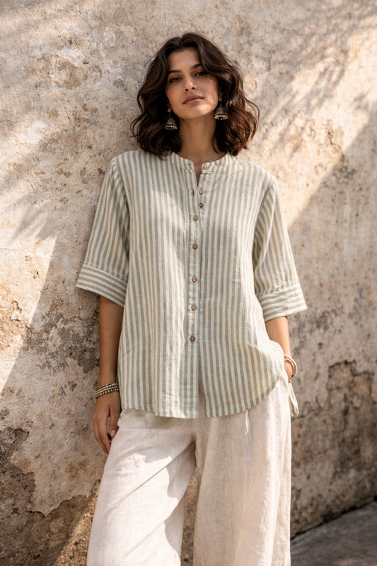 Sage green and off white striped handspun handwoven cotton shirt for women with band collar