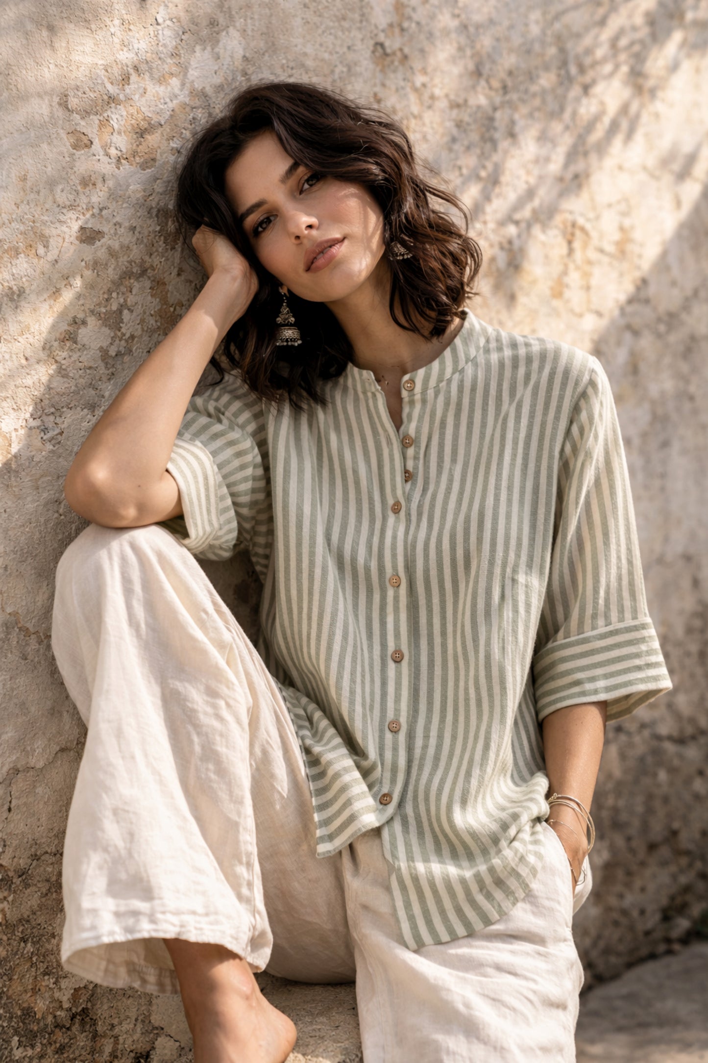 Sage green and off white striped handspun handwoven cotton shirt for women with band collar
