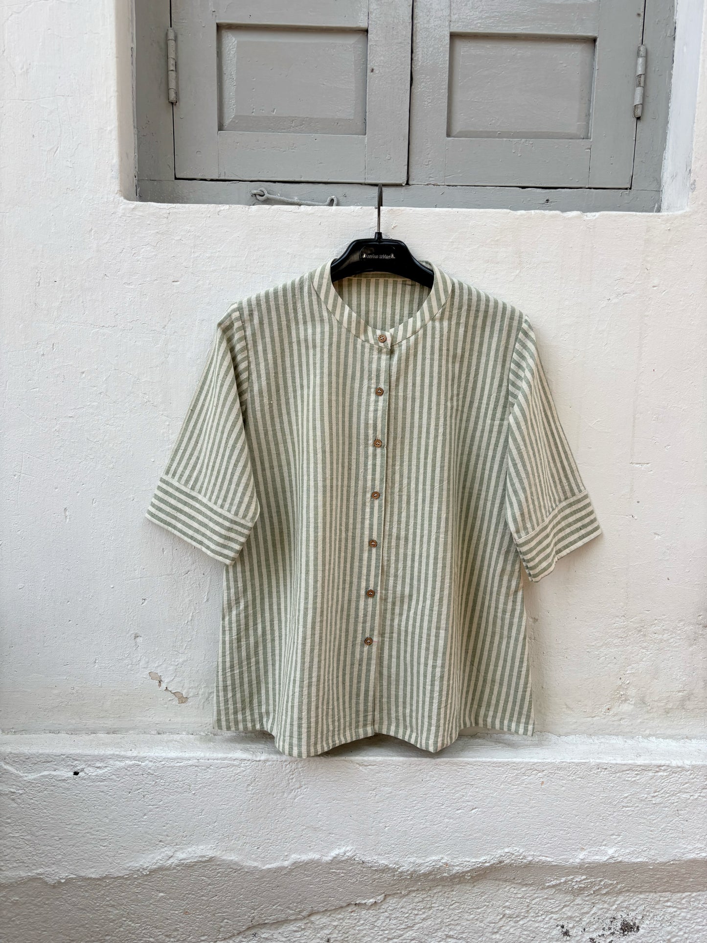 Sage green and off white striped handspun handwoven cotton shirt for women with band collar
