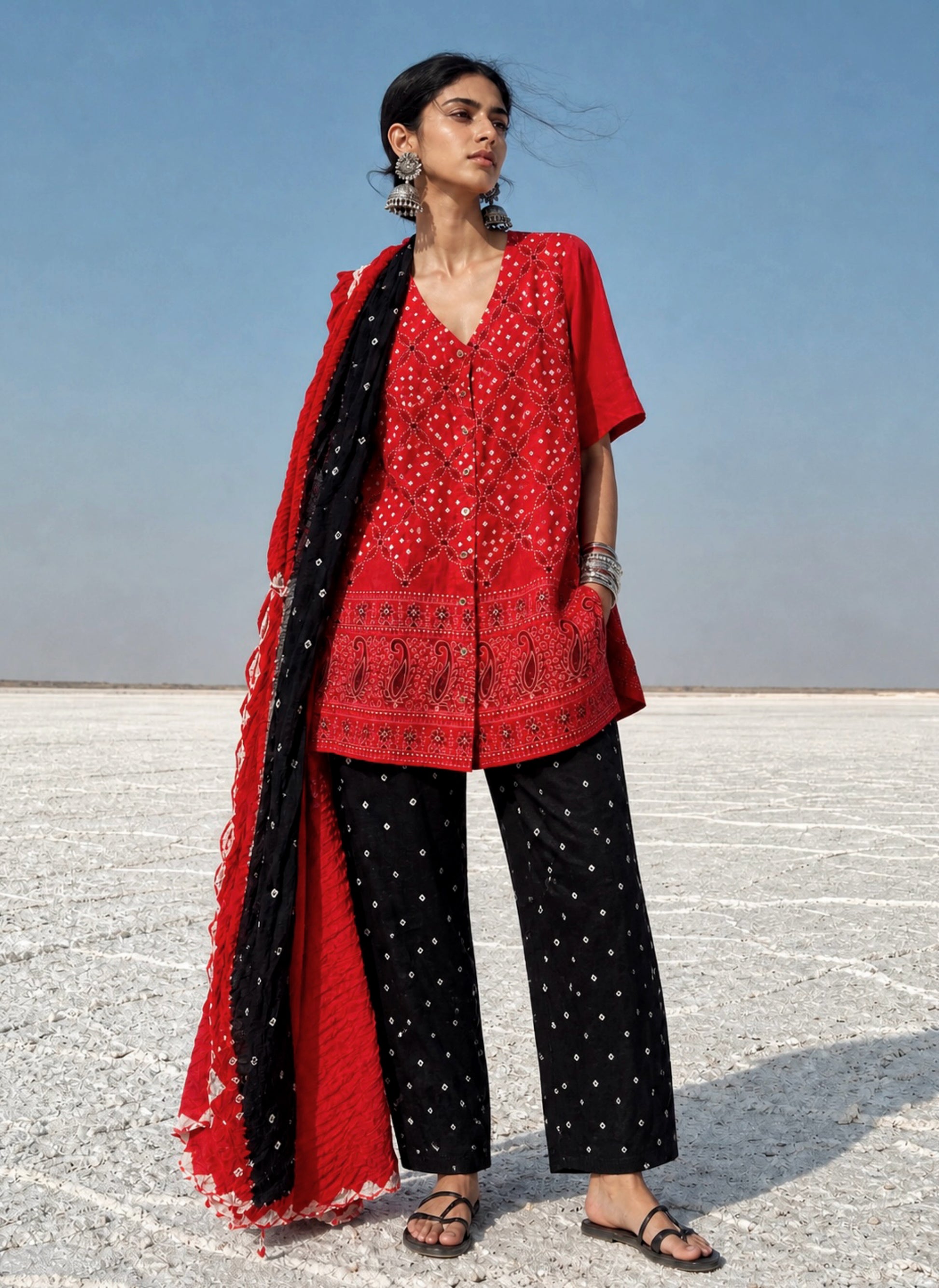 Orange and black Bandhani three-piece set for women with embroidered kurta, comfortable-fit pants and hand tie dyed dupatta