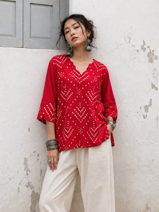 Sindoor red cotton satin Bandhani top with a scalloped V-neck.