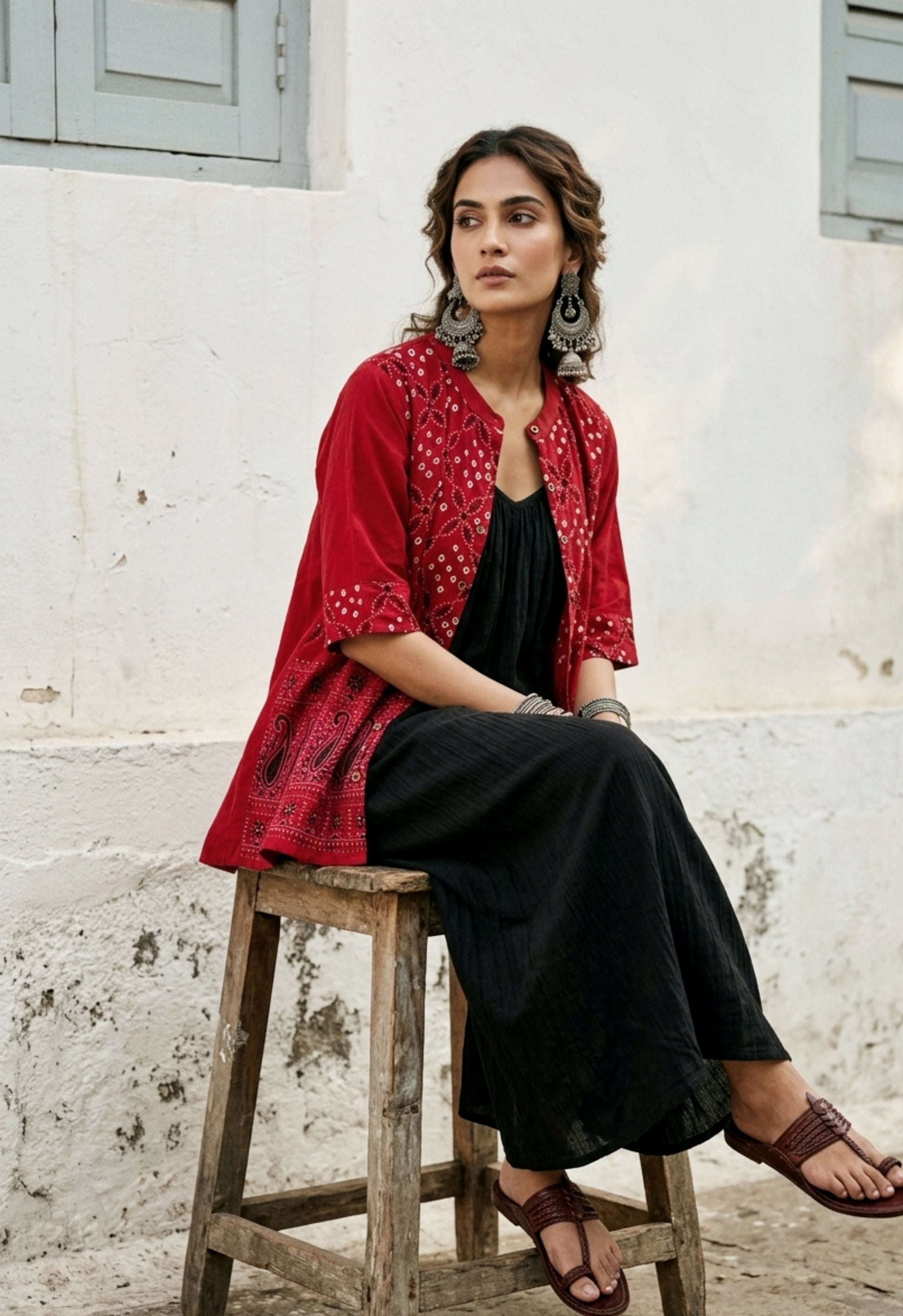 Surkh Dani red Bandhani embroidered cotton satin relaxed fit shirt with soft mandarin collar for women