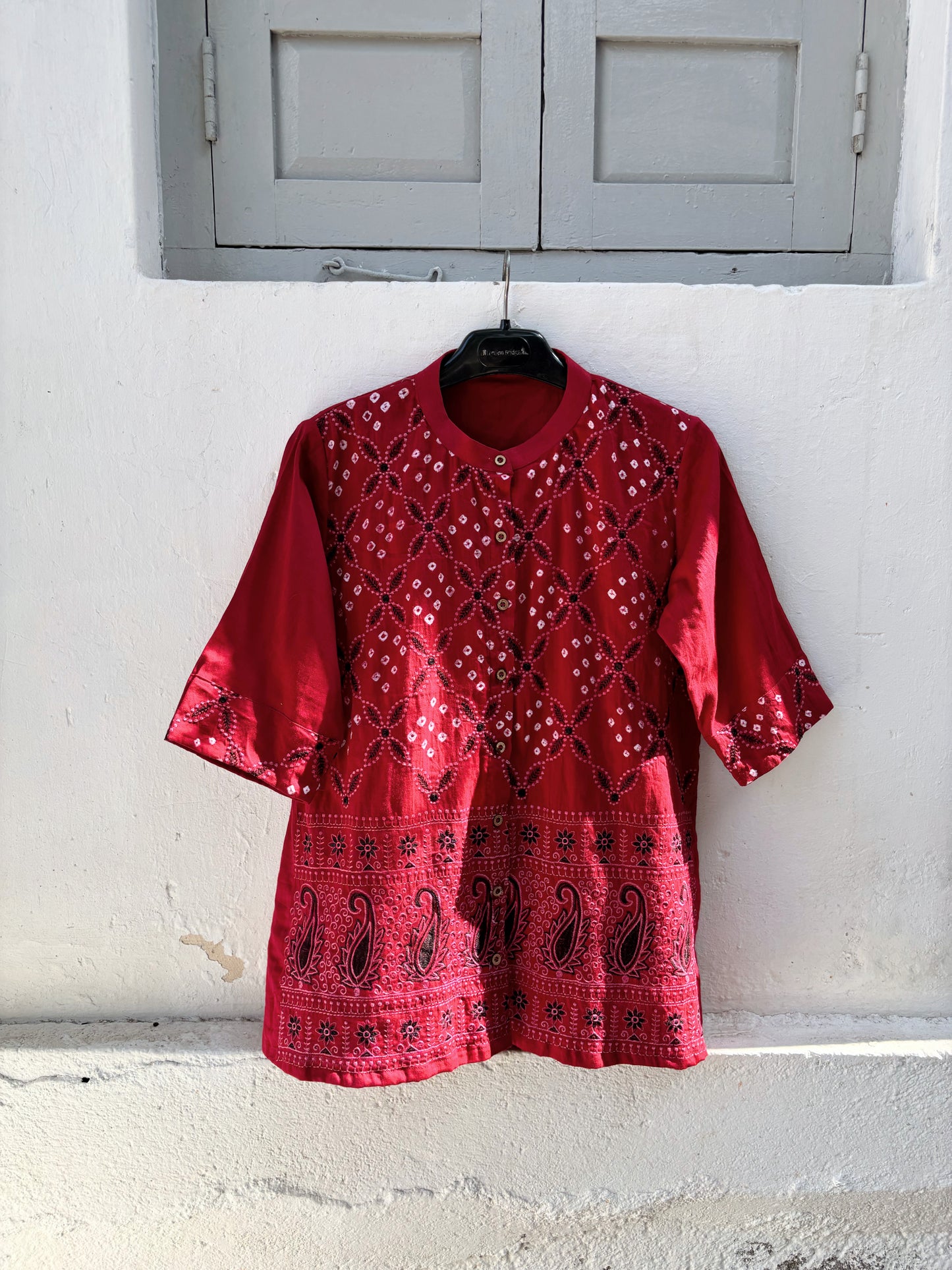 Surkh Dani red Bandhani embroidered cotton satin relaxed fit shirt with soft mandarin collar for women
