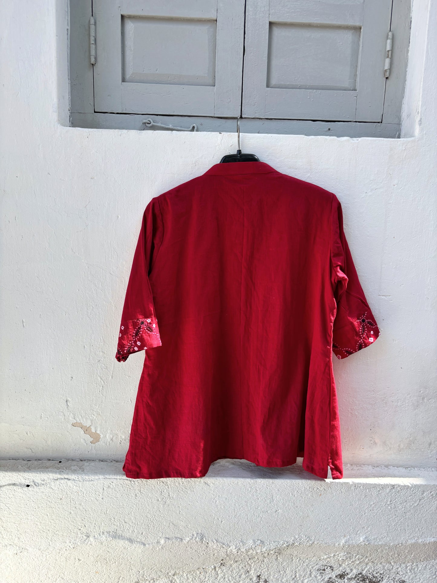 Surkh Dani red Bandhani embroidered cotton satin relaxed fit shirt with soft mandarin collar for women
