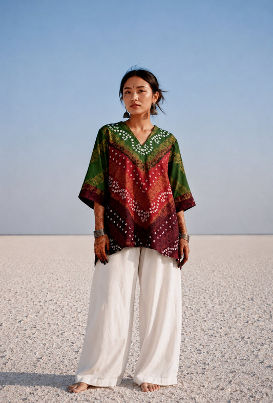 Handcrafted Bandhani festive cotton top in Forest Green, Rust Ochre and Wine Maroon with antique gold woven floral motifs, V-neck, relaxed fit and three-quarter sleeves.