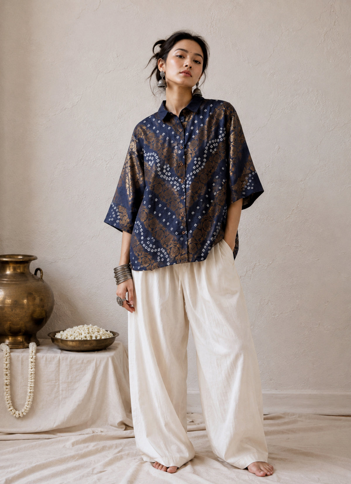 Yamuna festive Bandhani cotton shirt in deep ink grey with ivory hand tie-dyed Bandhani and self Banarasi weave