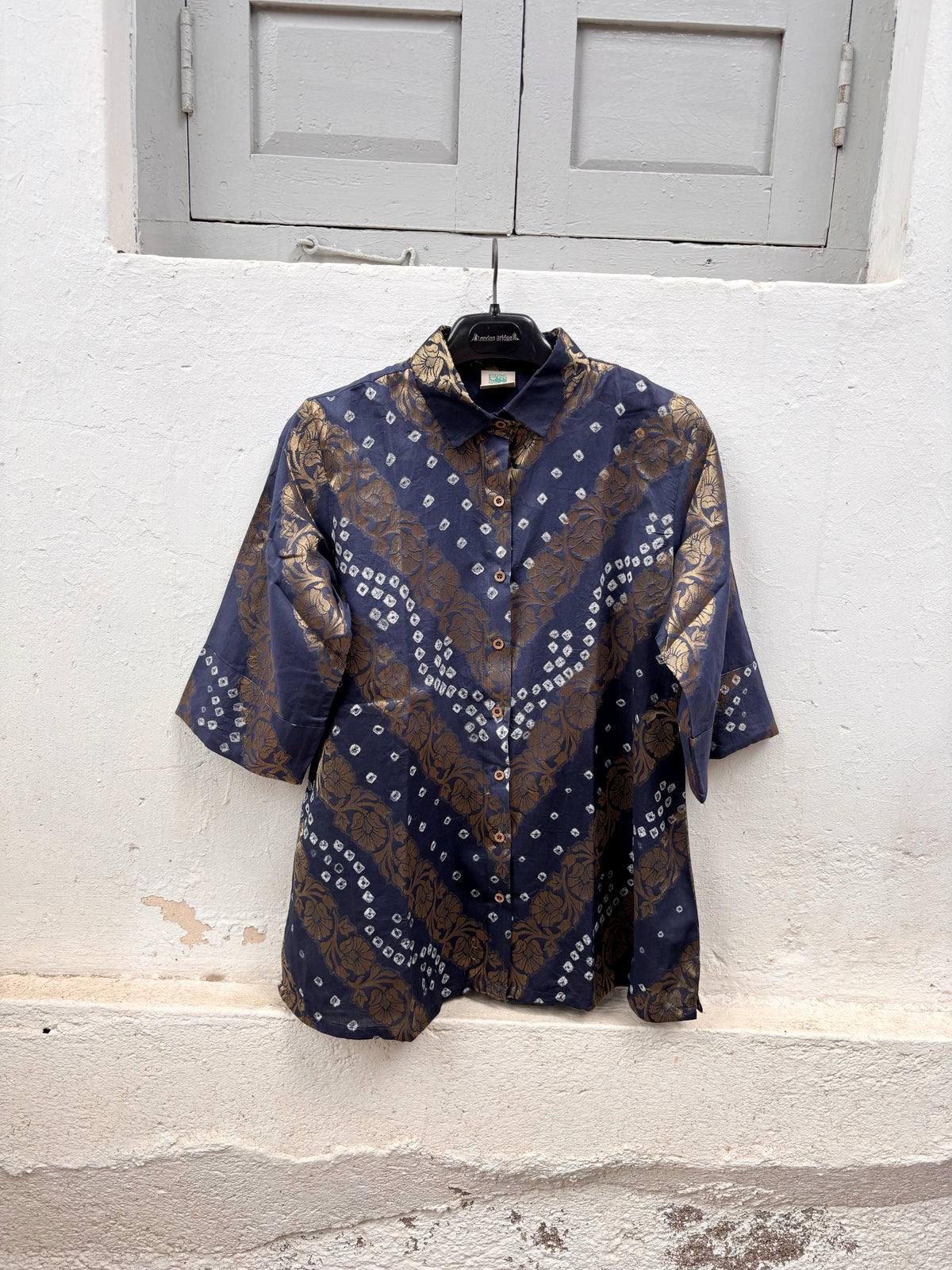 Yamuna festive Bandhani cotton shirt in deep ink grey with ivory hand tie-dyed Bandhani and self Banarasi weave
