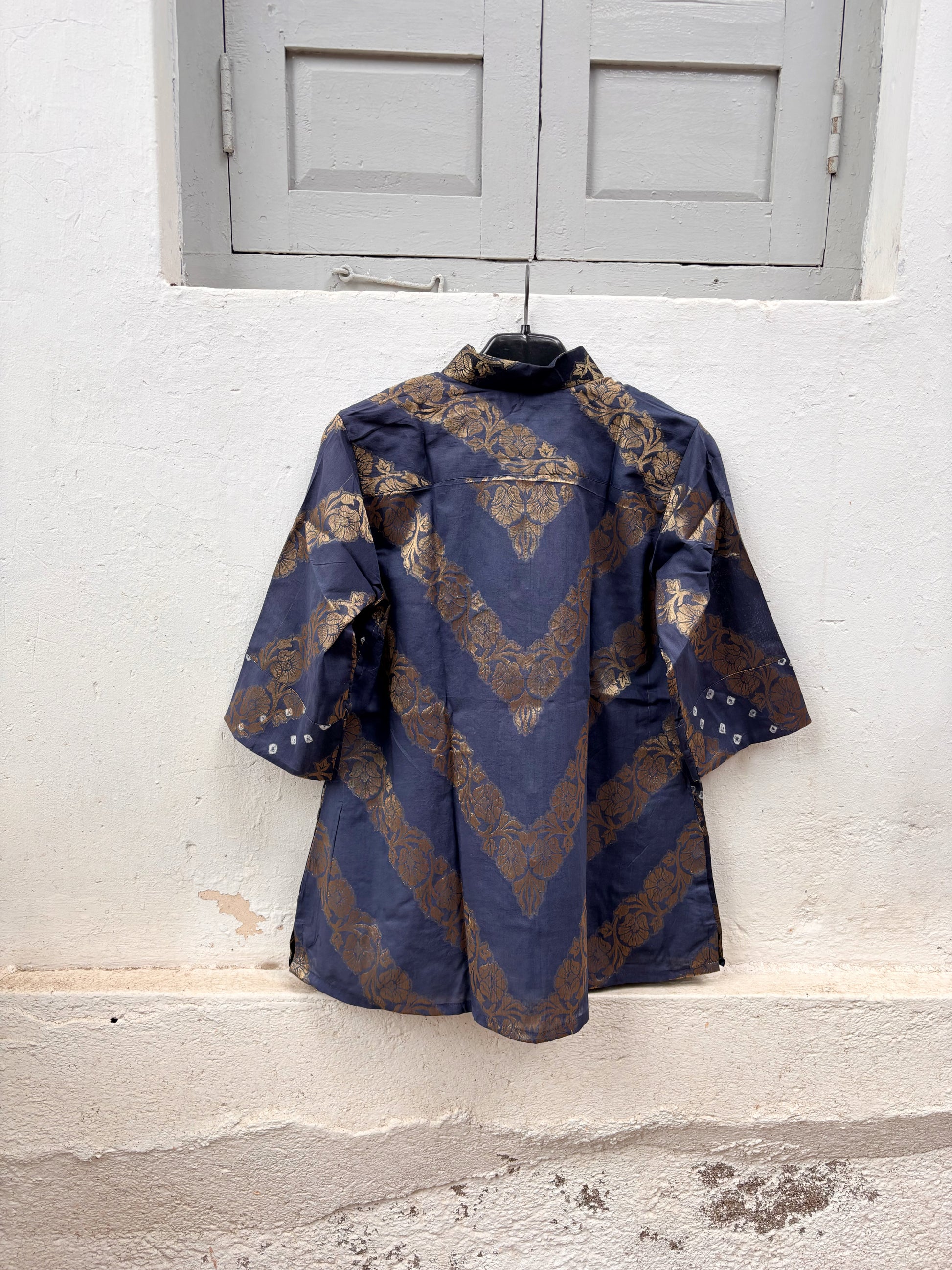 Yamuna festive Bandhani cotton shirt in deep ink grey with ivory hand tie-dyed Bandhani and self Banarasi weave